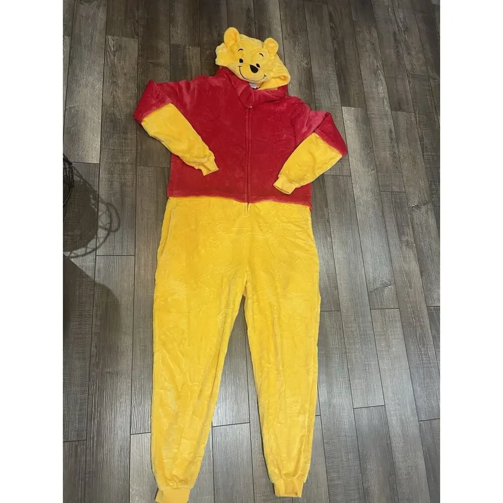 Winnie The Pooh Bear Adult One Piece Hooded Fleece Plush Costume Union Suit Sz L